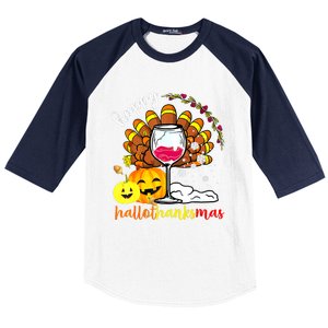 Funny Cute Turkey Happy Hallothankmas Wine Glasses Costume Baseball Sleeve Shirt