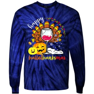 Funny Cute Turkey Happy Hallothankmas Wine Glasses Costume Tie-Dye Long Sleeve Shirt