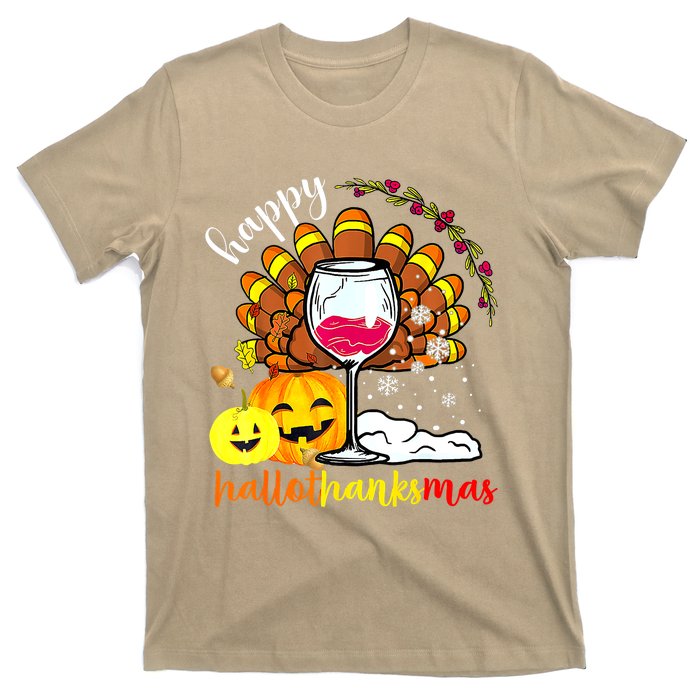 Funny Cute Turkey Happy Hallothankmas Wine Glasses Costume T-Shirt