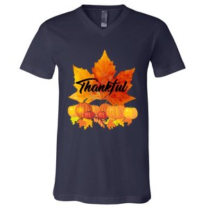 Funny Cute Thankful Autumn Leaves Thanksgiving Fall V-Neck T-Shirt