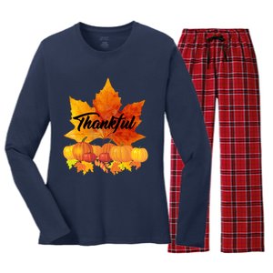 Funny Cute Thankful Autumn Leaves Thanksgiving Fall Women's Long Sleeve Flannel Pajama Set 