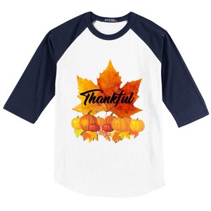 Funny Cute Thankful Autumn Leaves Thanksgiving Fall Baseball Sleeve Shirt