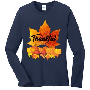 Funny Cute Thankful Autumn Leaves Thanksgiving Fall Ladies Long Sleeve Shirt