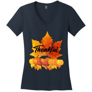 Funny Cute Thankful Autumn Leaves Thanksgiving Fall Women's V-Neck T-Shirt