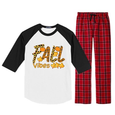 Funny Cute Thanksgiving Leopard Plaid Fall Vibe Autumn Raglan Sleeve Pajama Set