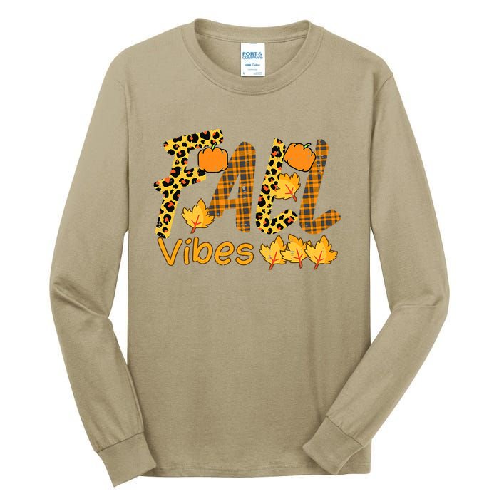 Funny Cute Thanksgiving Leopard Plaid Fall Vibe Autumn Tall Long Sleeve T-Shirt