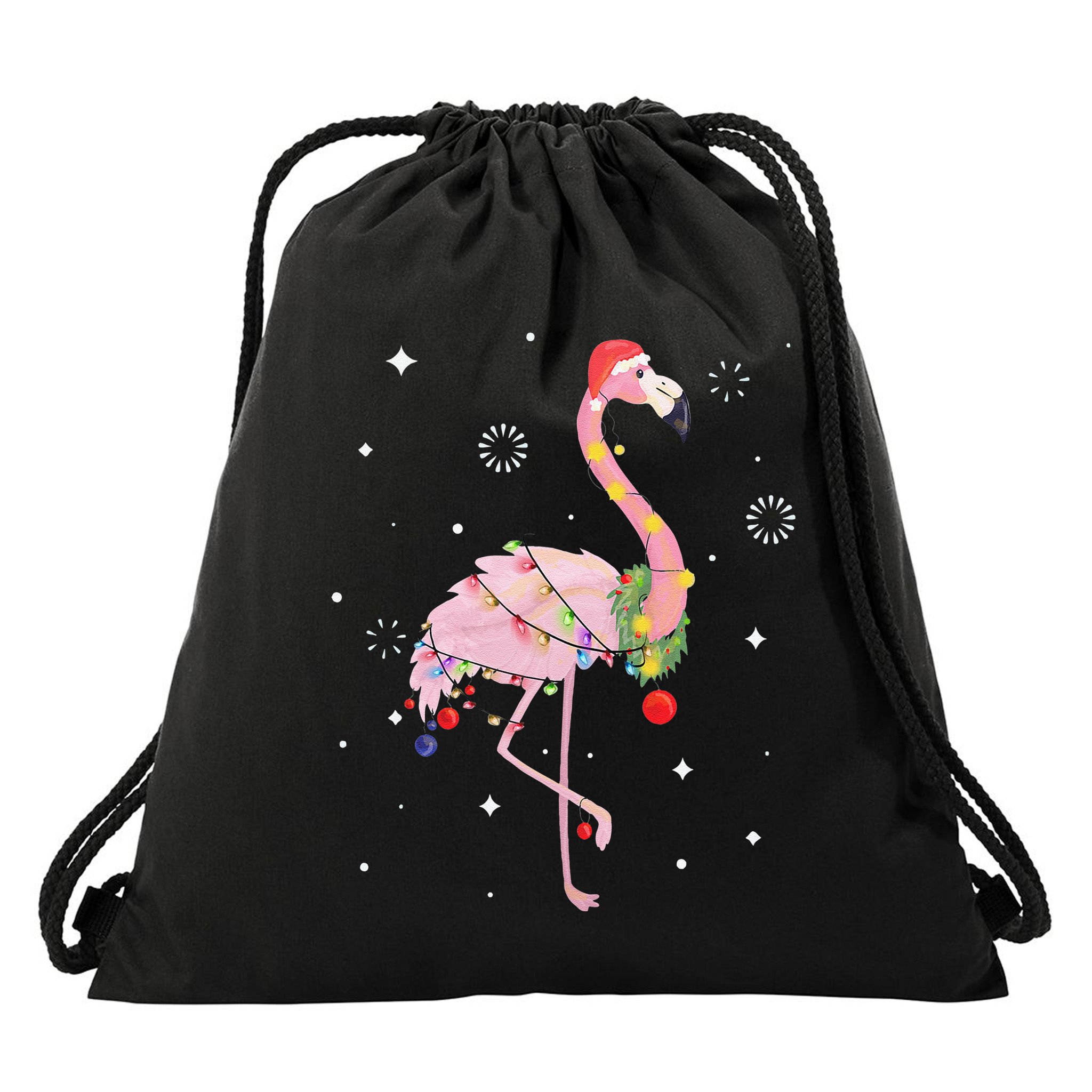 Flamingo Christmas Tree Lights Santa Hat Xmas Gifts Drawstring Bag