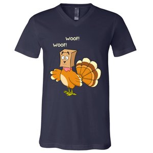 Funny Cute Thanksgiving Turkey Fake Dog WOOF Happy Thanksgiving V-Neck T-Shirt