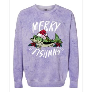 Funny Christmas Themed Bass Fishing Design Merry Fishmas Hoodie Colorblast Crewneck Sweatshirt