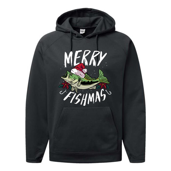 Funny Christmas Themed Bass Fishing Design Merry Fishmas Hoodie Performance Fleece Hoodie