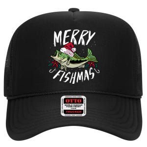 Funny Christmas Themed Bass Fishing Design Merry Fishmas Hoodie High Crown Mesh Back Trucker Hat