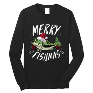 Funny Christmas Themed Bass Fishing Design Merry Fishmas Hoodie Long Sleeve Shirt