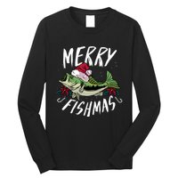 Funny Christmas Themed Bass Fishing Design Merry Fishmas Hoodie Long Sleeve Shirt