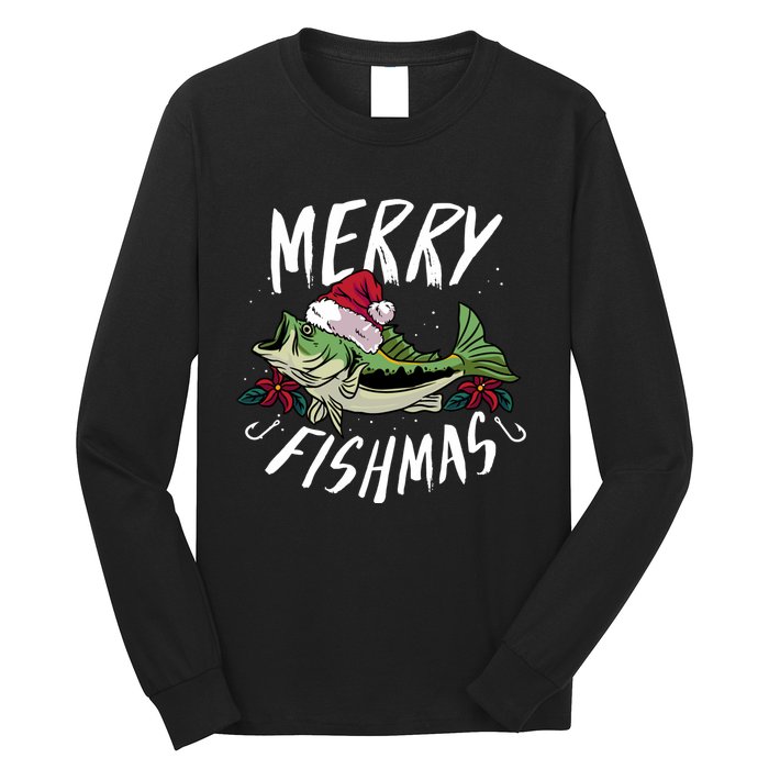 Funny Christmas Themed Bass Fishing Design Merry Fishmas Hoodie Long Sleeve Shirt