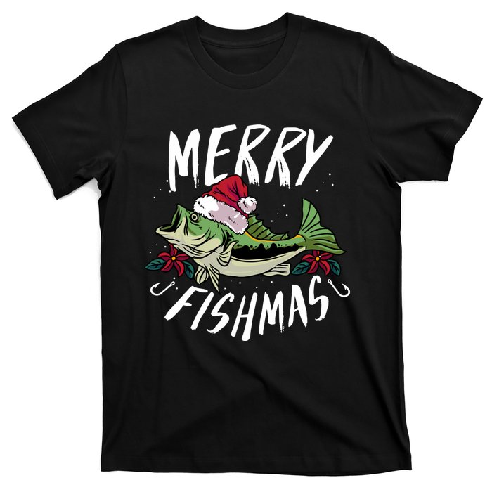 Funny Christmas Themed Bass Fishing Design Merry Fishmas Hoodie T-Shirt