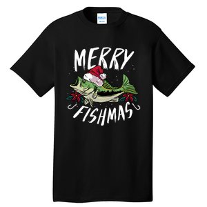 Funny Christmas Themed Bass Fishing Design Merry Fishmas Hoodie Tall T-Shirt