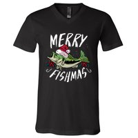 Funny Christmas Themed Bass Fishing Design Merry Fishmas Hoodie V-Neck T-Shirt