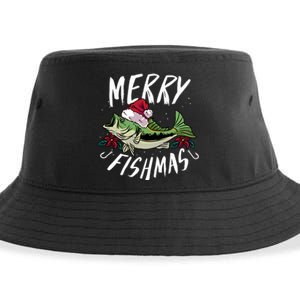 Funny Christmas Themed Bass Fishing Design Merry Fishmas Hoodie Sustainable Bucket Hat