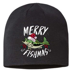 Funny Christmas Themed Bass Fishing Design Merry Fishmas Hoodie Sustainable Beanie