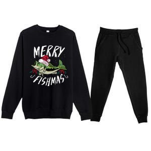 Funny Christmas Themed Bass Fishing Design Merry Fishmas Hoodie Premium Crewneck Sweatsuit Set