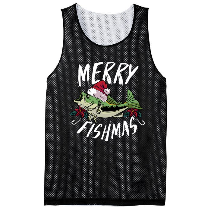 Funny Christmas Themed Bass Fishing Design Merry Fishmas Hoodie Mesh Reversible Basketball Jersey Tank