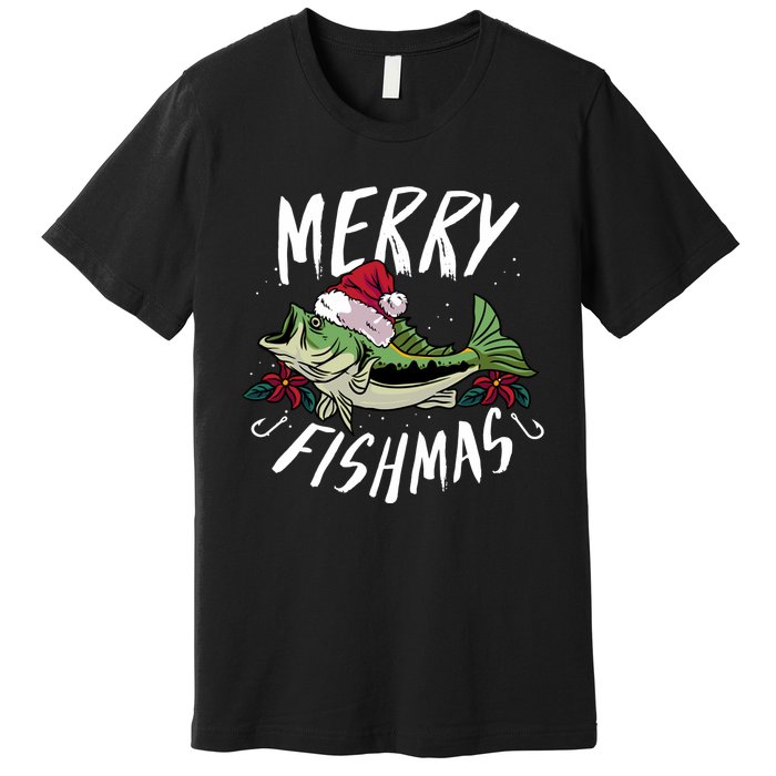 Funny Christmas Themed Bass Fishing Design Merry Fishmas Hoodie Premium T-Shirt