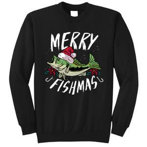 Funny Christmas Themed Bass Fishing Design Merry Fishmas Hoodie Tall Sweatshirt