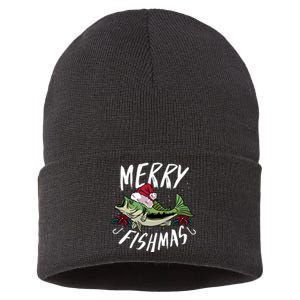 Funny Christmas Themed Bass Fishing Design Merry Fishmas Hoodie Sustainable Knit Beanie