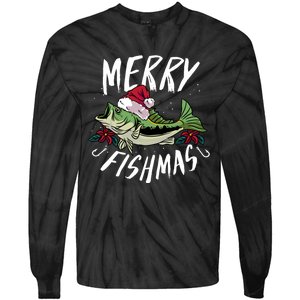 Funny Christmas Themed Bass Fishing Design Merry Fishmas Hoodie Tie-Dye Long Sleeve Shirt