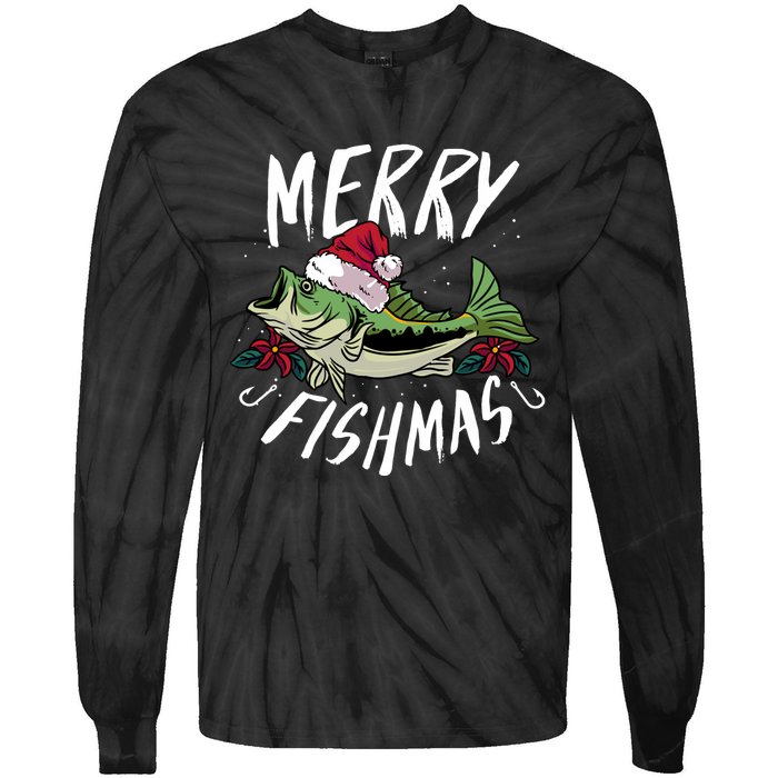 Funny Christmas Themed Bass Fishing Design Merry Fishmas Hoodie Tie-Dye Long Sleeve Shirt