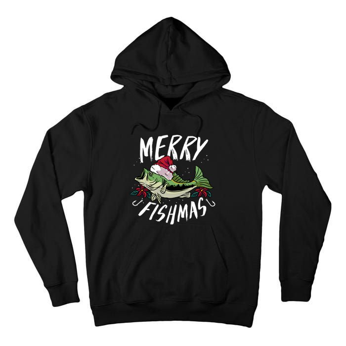 Funny Christmas Themed Bass Fishing Design Merry Fishmas Hoodie Tall Hoodie