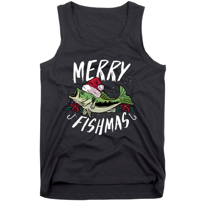 Funny Christmas Themed Bass Fishing Design Merry Fishmas Hoodie Tank Top