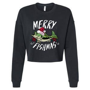 Funny Christmas Themed Bass Fishing Design Merry Fishmas Hoodie Cropped Pullover Crew