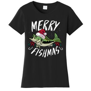 Funny Christmas Themed Bass Fishing Design Merry Fishmas Hoodie Women's T-Shirt