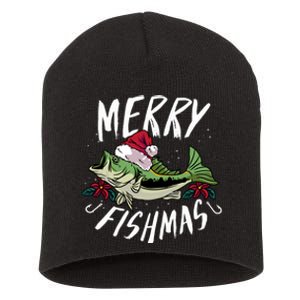 Funny Christmas Themed Bass Fishing Design Merry Fishmas Hoodie Short Acrylic Beanie