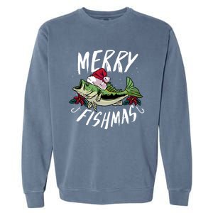 Funny Christmas Themed Bass Fishing Design Merry Fishmas Hoodie Garment-Dyed Sweatshirt