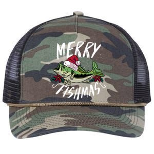 Funny Christmas Themed Bass Fishing Design Merry Fishmas Hoodie Retro Rope Trucker Hat Cap