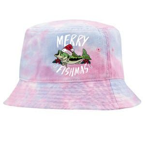 Funny Christmas Themed Bass Fishing Design Merry Fishmas Hoodie Tie-Dyed Bucket Hat