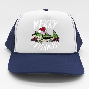 Funny Christmas Themed Bass Fishing Design Merry Fishmas Hoodie Trucker Hat