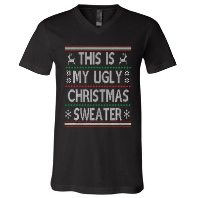 Funny Christmas This Is My Ugly Sweater Gift V-Neck T-Shirt