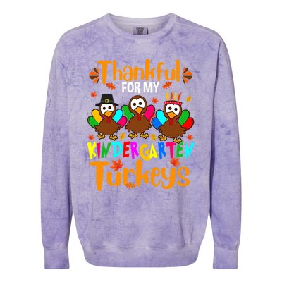 Funny Cute Thankful For My Kindergarten Turkeys Thanksgiving Teacher Colorblast Crewneck Sweatshirt