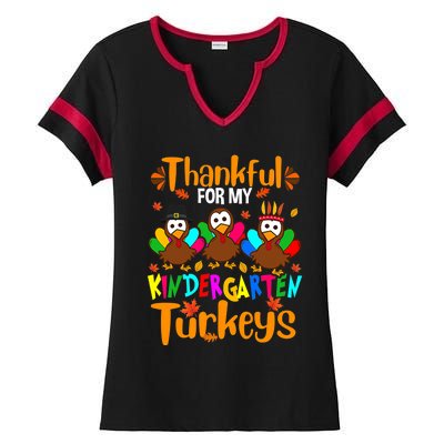 Funny Cute Thankful For My Kindergarten Turkeys Thanksgiving Teacher Ladies Halftime Notch Neck Tee