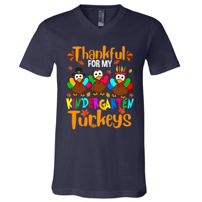 Funny Cute Thankful For My Kindergarten Turkeys Thanksgiving Teacher V-Neck T-Shirt