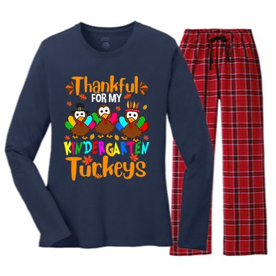 Funny Cute Thankful For My Kindergarten Turkeys Thanksgiving Teacher Women's Long Sleeve Flannel Pajama Set 