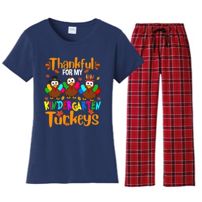 Funny Cute Thankful For My Kindergarten Turkeys Thanksgiving Teacher Women's Flannel Pajama Set