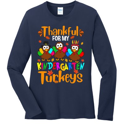 Funny Cute Thankful For My Kindergarten Turkeys Thanksgiving Teacher Ladies Long Sleeve Shirt