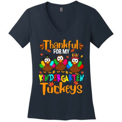 Funny Cute Thankful For My Kindergarten Turkeys Thanksgiving Teacher Women's V-Neck T-Shirt