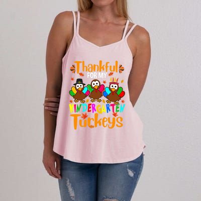 Funny Cute Thankful For My Kindergarten Turkeys Thanksgiving Teacher Women's Strappy Tank