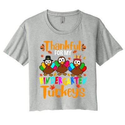 Funny Cute Thankful For My Kindergarten Turkeys Thanksgiving Teacher Women's Crop Top Tee