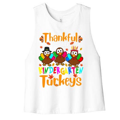 Funny Cute Thankful For My Kindergarten Turkeys Thanksgiving Teacher Women's Racerback Cropped Tank